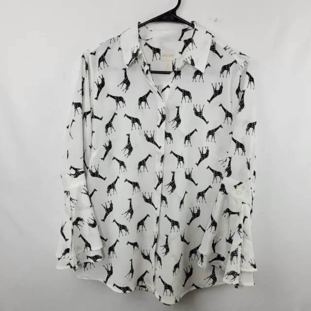 Chico's White Black Giraffe Print Bell Sleeve Button Blouse Shirt Women 1 or M 8