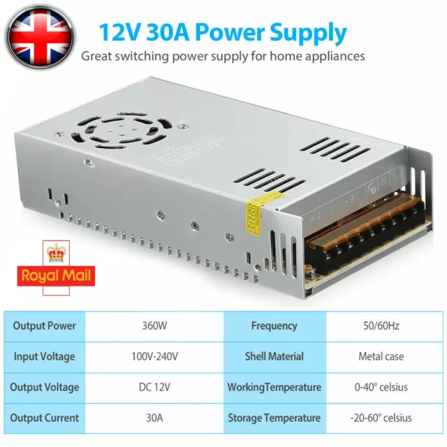 AC 100-240V to DC 12V 30A 360W Voltage Transformer Switch Power Supply Converter