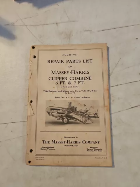 Vintage 1944 Massey Harris Clipper Combine 6' & 7' Repair Parts List