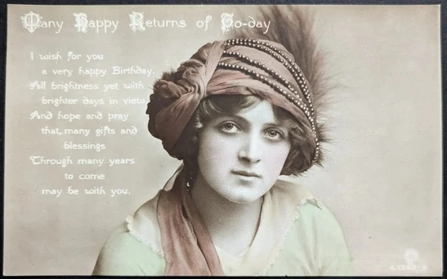Pretty Beautiful Woman in Fancy Hat Tinted Real Photo Birthday Rotary Postcard