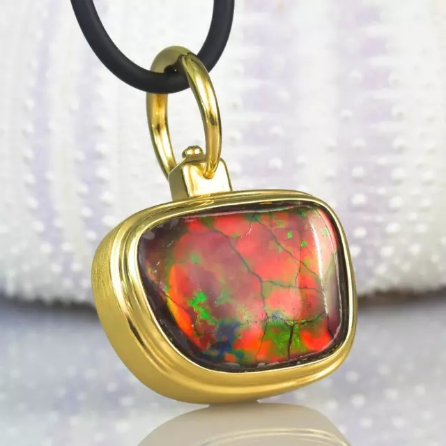 Pendant RARE Ammolite Ammonite Diamond & 18K Gold Vermeil Sterling Silver 9.18 g