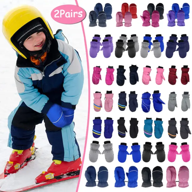 2Pairs Children Boys Girls Gloves Winter Warm Water-proof Outdoors Skiing Gloves