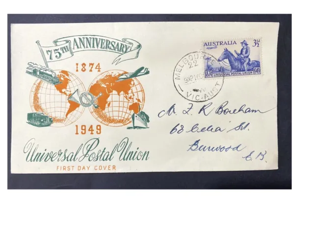 Australia First Day Cover FDC 1949 UPU Wide World Cover Orange/Green