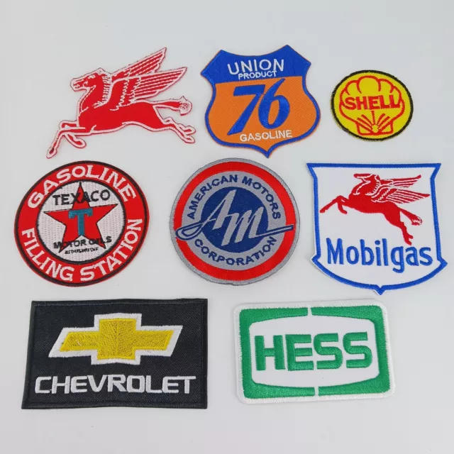 Lot Of 8 Retro Oil Gas Vehicle Car Theme Patches Mobilgas Shell Chevy Patches