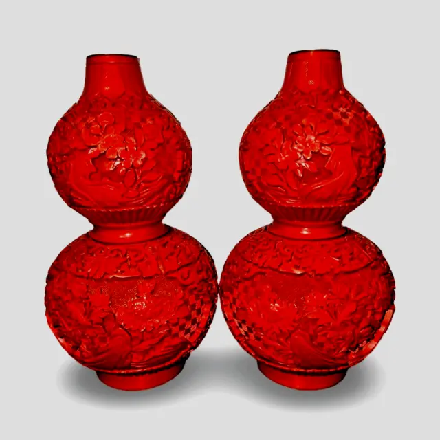 2 pcs Cinnabar Mirrored Pair Double Gourd Vases Vintage 20th Century EUC