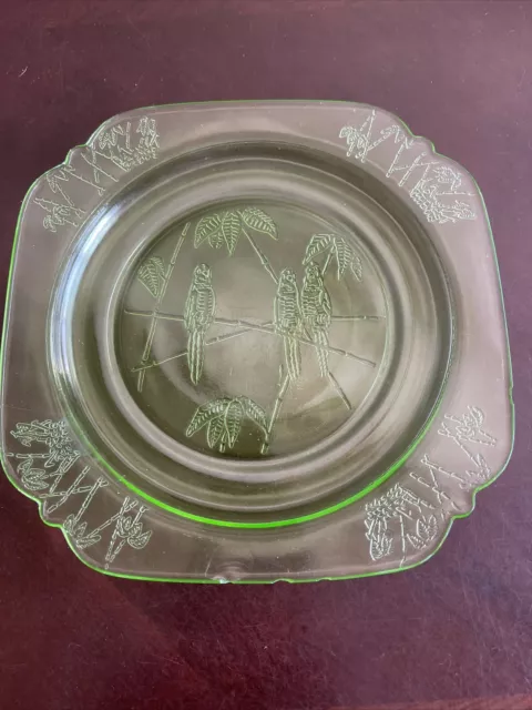 Antique 1930’s Large 9”, 3 Parrot Federal Depression Green Glass Serving Plate