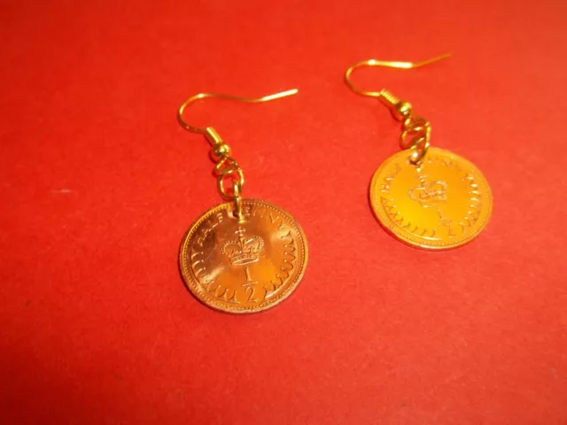 HALF PENNY (HALF PENCE) BRONZE & GOLD COIN DROP EARRINGS - 1971 to 1983