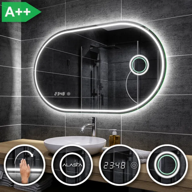 Miroir De Salle De Bain LED BIRMA Avec Horloge Et Interrupteur - Design Moderne, Neuf
