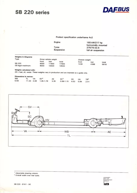 Bus Manufacturer Specification Sheet ~ DAF SB220 series Chassis - 1991