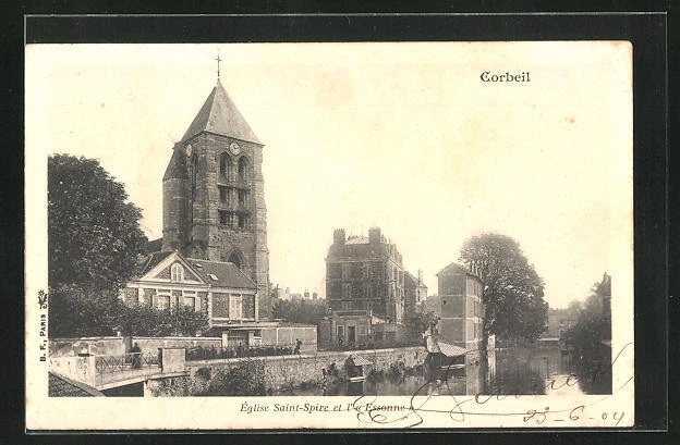 CPA Corbeil, Eglise Saint-Spire et l´Essonne 1904