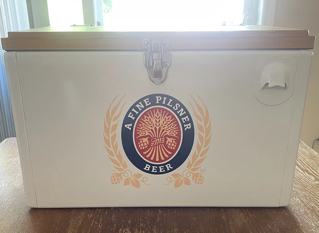 Vintage Miller Lite Pilsner Beach Cooler W/ Wood Lid, Bottle Opener & Handles