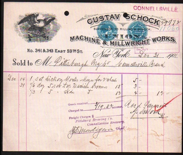 1901 Machine Millwright Works   Gustav Schock Connellsville New York Letter Head