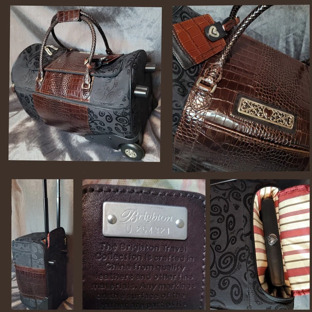 Brighton Luggage Rolling Duffel Weekender Bag Black Fabric & Brown Leather , VTG