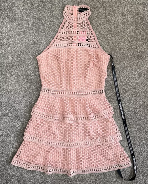 NEW PRETTYLITTLETHING CAYA Lemon Lace Panel Tiered Dress UK 10
