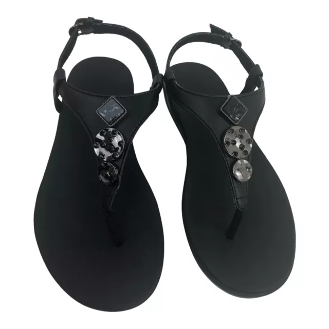 FitFlop Womens Size 7M Sandals Black Lainey Circle Toe Thong Leather Flats Shoes