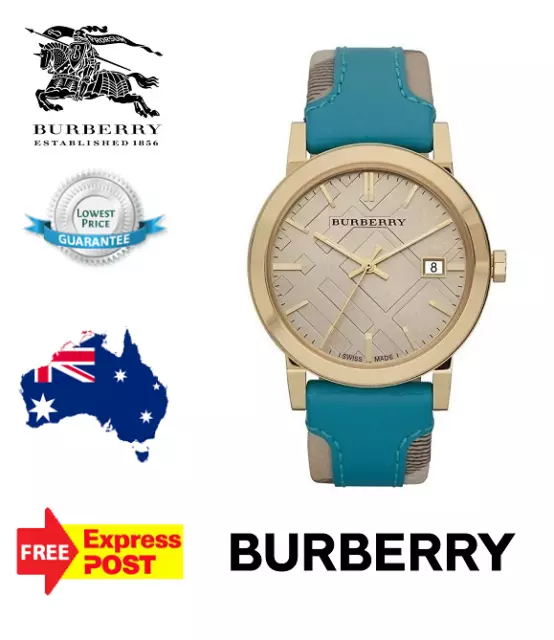 New Burberry 'The City ' Bu9018 Gold/Champagne/Blue Leather Unisex Watch