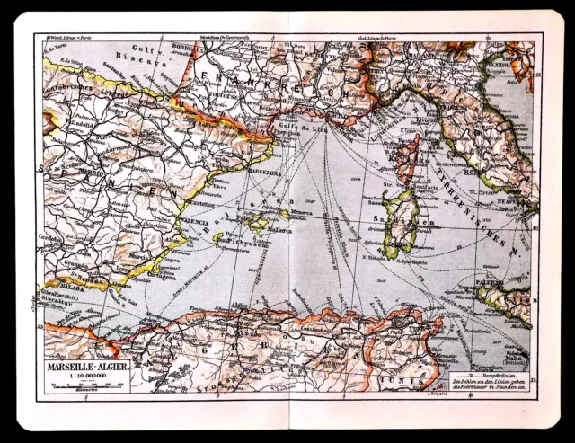 1909 Antica Stampa Geotopografica:marsiglia.algeri...mediterraneo Ovest ..Etna