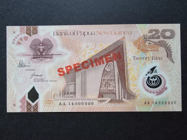 2014 Papua New Guinea 20 Kina Specimen Banknote Very Scarce Unc Polymer Note Png