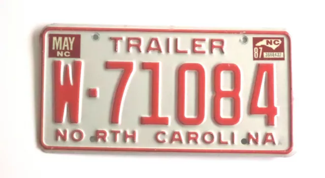 1987 NORTH CAROLINA TRAILER License Plate VintageTag # W-71084 Nice Expired TAG