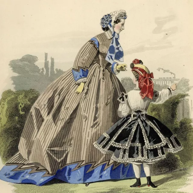 Les Modes Parisiennes Children's Dress Ribbon Engraving Watercolor Original 19th Century