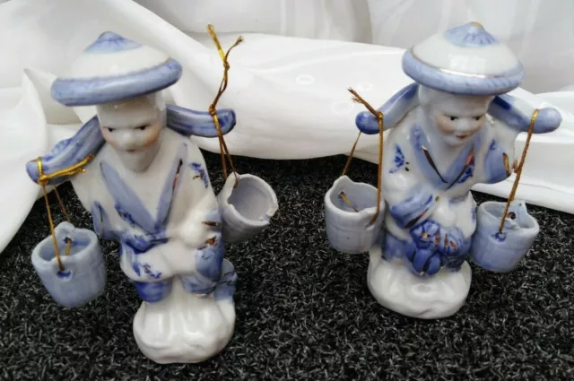 VINTAGE 13'' Porcelain Asian Chinese Man and Woman Carrying Bucket Figurine Stat