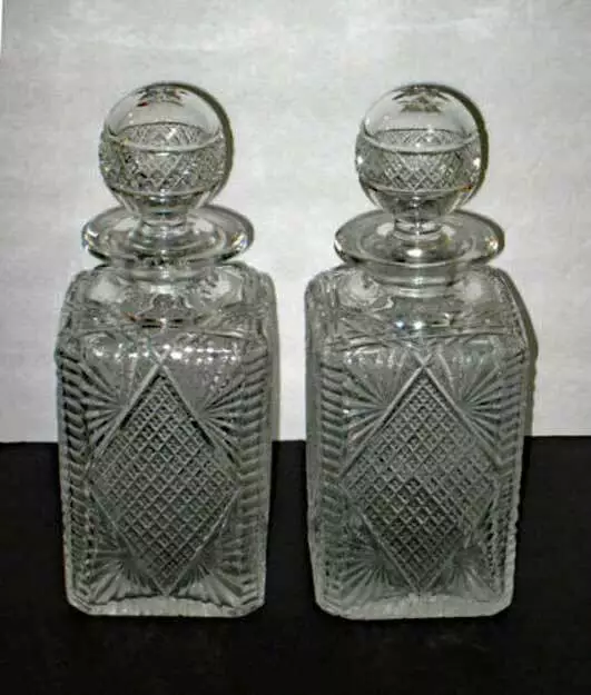 PAIR antique  CRYSTAL DECANTERS w/ fancy  STOPPERS