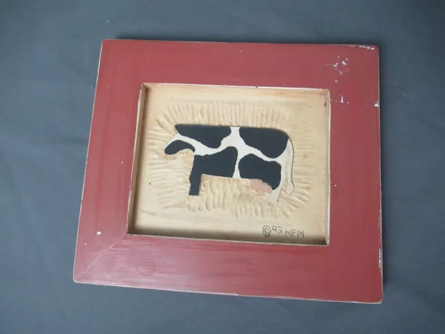 Folk Art Hand Carved Wooden Cow Picture - Signed - 6 3/4" t x 7 3/4" w - aa sb