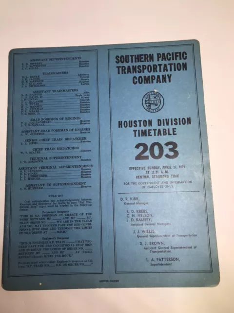 1975 Timetable 203 Houston Division Southern Pacific Transportation Company