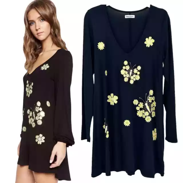 Lauren Moshi Womens Cosette Sunflower Butterfly Printed Mini Dress Size S Black Lauren Moshi Womens Cosette Sunflower Butterfly Printed Mini Dress Size S Black