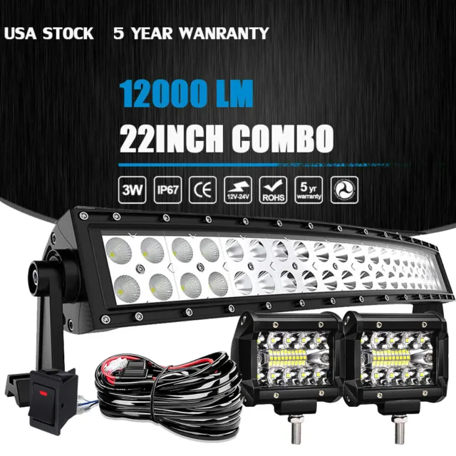 22Inch 120W Boat Led Light Bar Combo Offroad Ford Suv W/ 4" 18W Pods +Wiring Kit