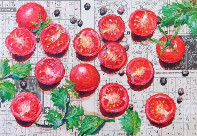 Pintura de tomate Arte de tomate Arte de periódico Pintura de comida...