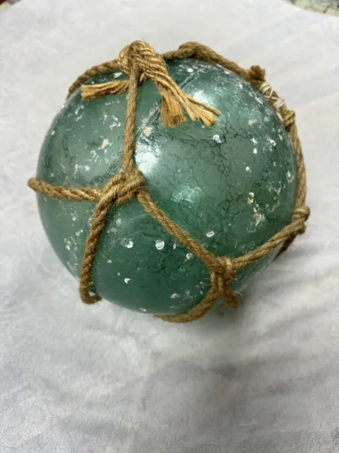 Vintage Japanese Glass Fishing Float Buoy Ball Roped Net Turquoise Blue !!