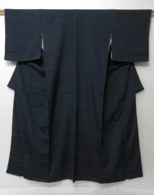0610N03z720 Vintage Japanese Kimono Silk KOMON Navy Horizontal stripes