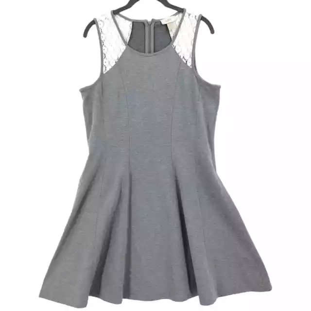 LOFT Dress Womens 8 Heather Gray Lace Fit & Flare Sleeveless Stretch Ponte Knit