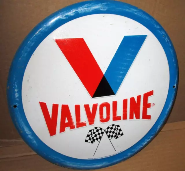 VALVOLINE - Car Truck Gas Oil - RACE FLAGS - 12" Round Tin - Red White Blue Sign