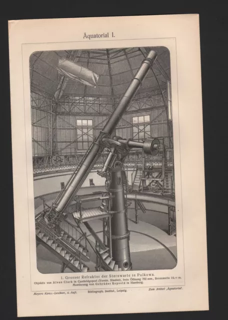 Lithografie 1905: Äquatorial I/II. Refraktor Sternwarte Pulkowa Sterne Fernrohr