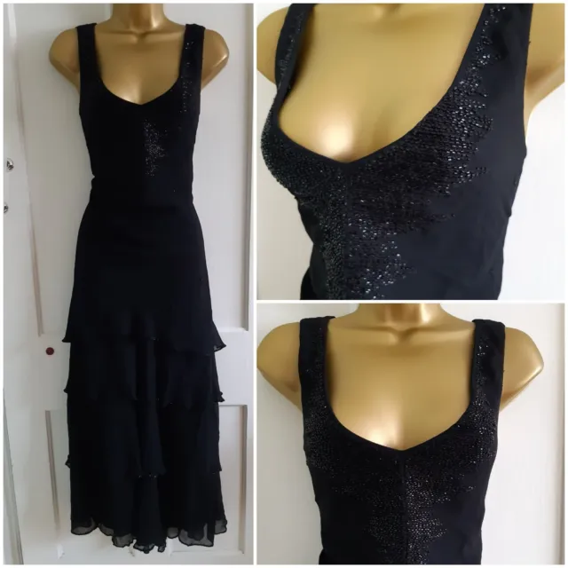 Windsmoor Black Silk Beaded Chest Embellished Midi Occasion Tiered Dress Size 14