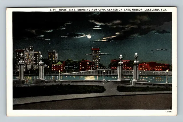 Lakeland, FL-Florida, Lake Mirror, Civic Center, Night, Vintage Postcard