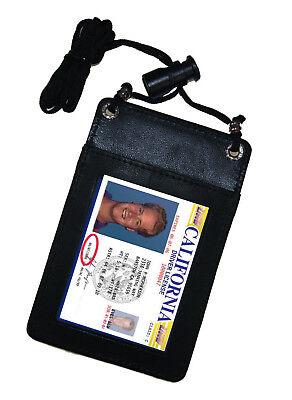 Black Genuine Leather ID Card Holder Neck Strap Travel Wallet String Bag