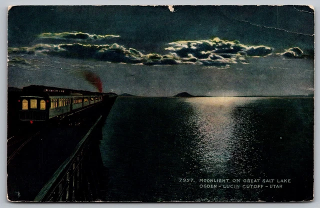 Moonlight Great Salt Lake Ogden Lucin Cutoff UT Utah Antique Postcard PM Cancel