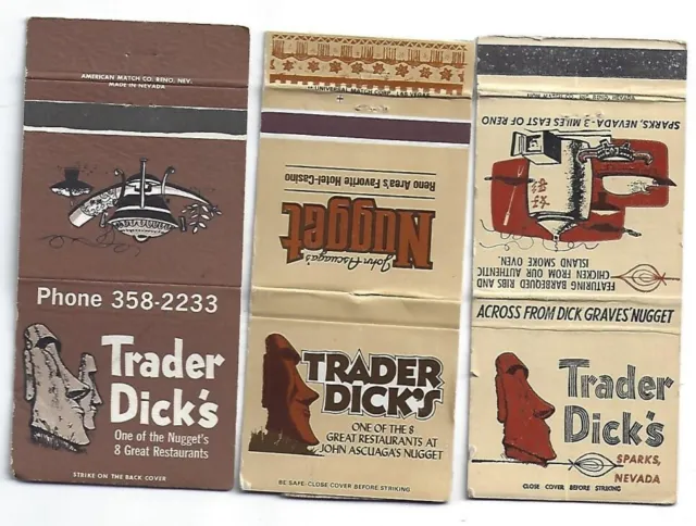 3 Tiki God Tropical Matchbooks Trader Dick's Sparks, NV Reno Nugget Casino