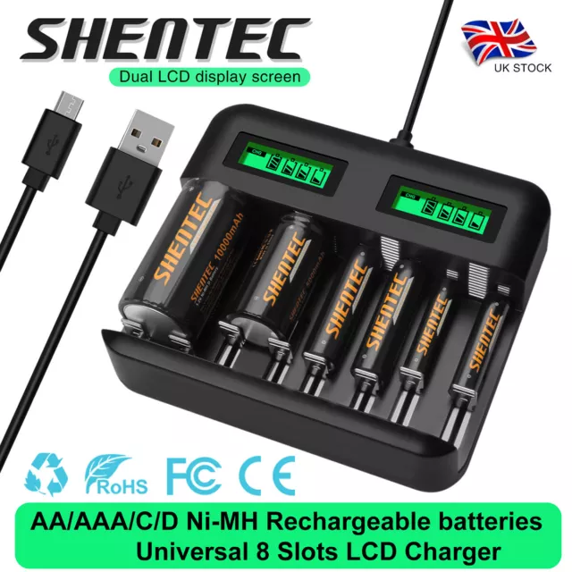 8 Slots Universal LCD Battery Charger UK / AA AAA C D Ni-MH Rechargeable Battery