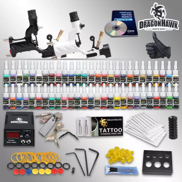 Professional Complete Tattoo Kit 2 Top Rotary Machine Gun 54 Color Ink 20Needles