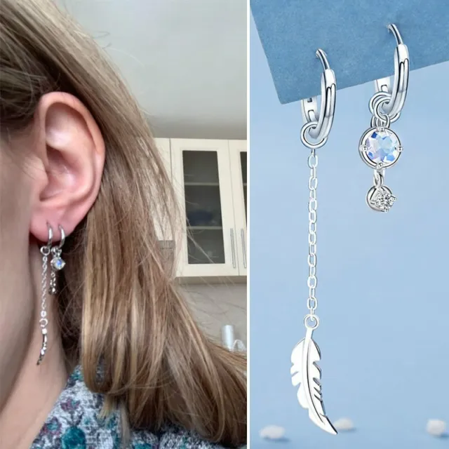 925 Silver Asymmetric Moonstone Feather Hoop Earrings Dangler Charm Jewellery