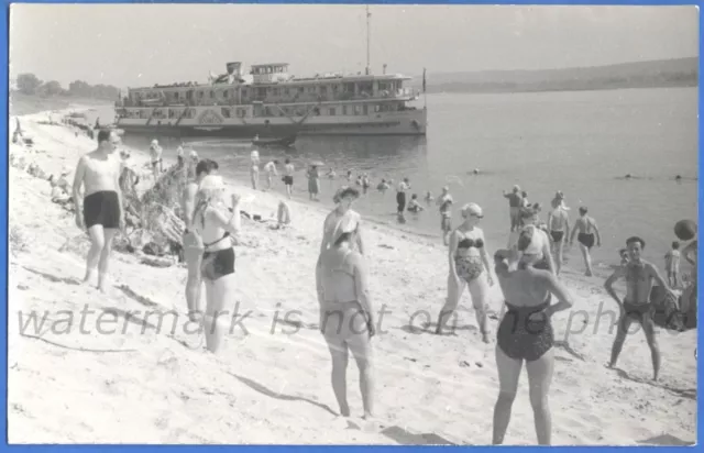 Beautiful girls and guys on the beach Naked torso Old river ship Vintage photo