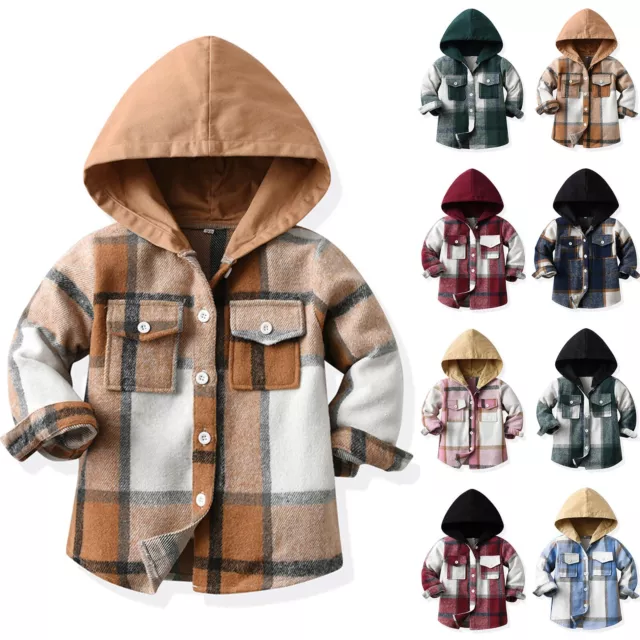 Toddler Kids Boys Girls Hooded Plaid Shirt Button Baby Long Sleeve Hooded Cloth