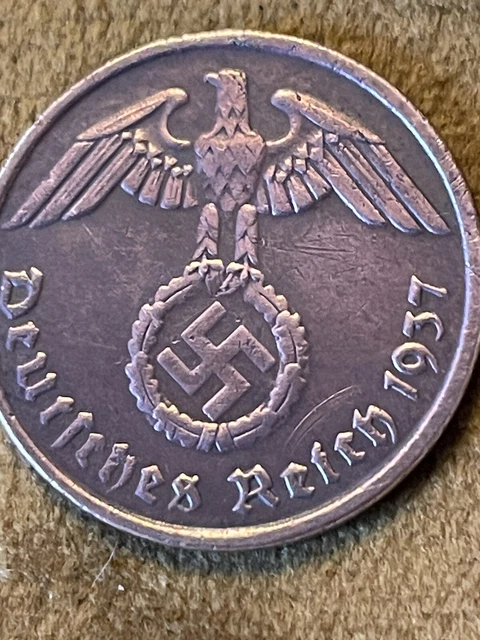 WWII German 2 pfennig Coin 1937 Minted In Munich Rare With Swastika