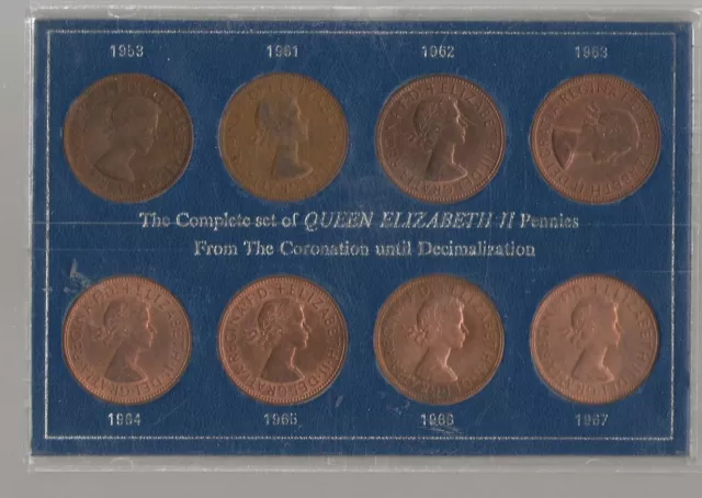 Complete Set Of Queen Elizabeth Ii Pennies 1953 - 1967 8 Cased Coins