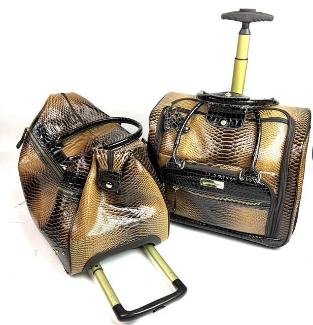 Samantha Brown New 2 Piece Gold/ Brown Trim Carry On Croco Luggage Rolling Bag