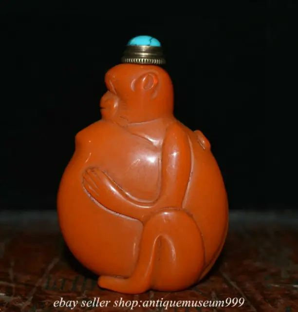 3" Chinese Red-glazed monkey peach-shaped snuff bottle turquoise lid snuff box